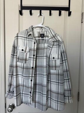 H&M Gray, White and Brown Plaid Button-Up Shacket